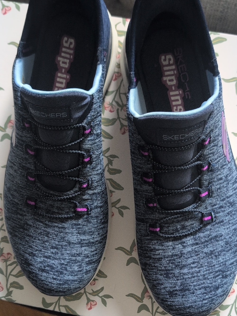 Skechers Women's Heathered Blue Slip-On Athletic Sneakers with Pink Accents